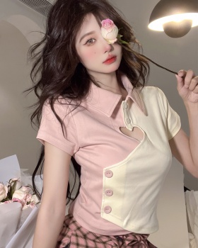 Mixed colors irregular pink short sleeve T-shirt for women