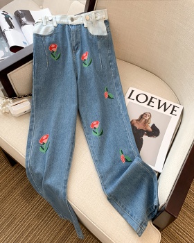 Slim printing jeans high waist wide leg pants for women