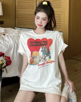 Printing heart summer T-shirt retro loose letters tops