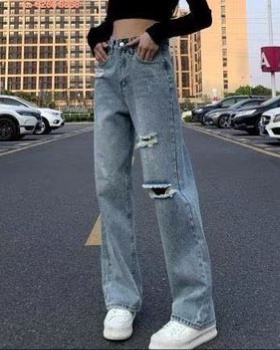 Temperament high waist Korean style straight jeans