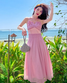 Sling summer fold long dress seaside slim pink dress
