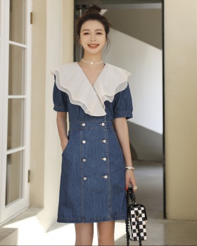 Thin Korean style long lotus leaf collar dress for women