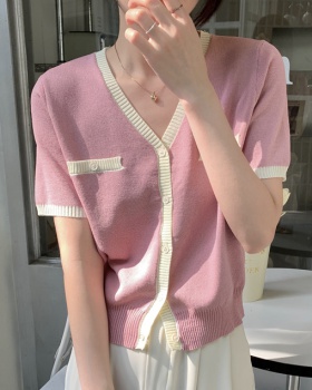 Knitted mixed colors cardigan short sleeve tops