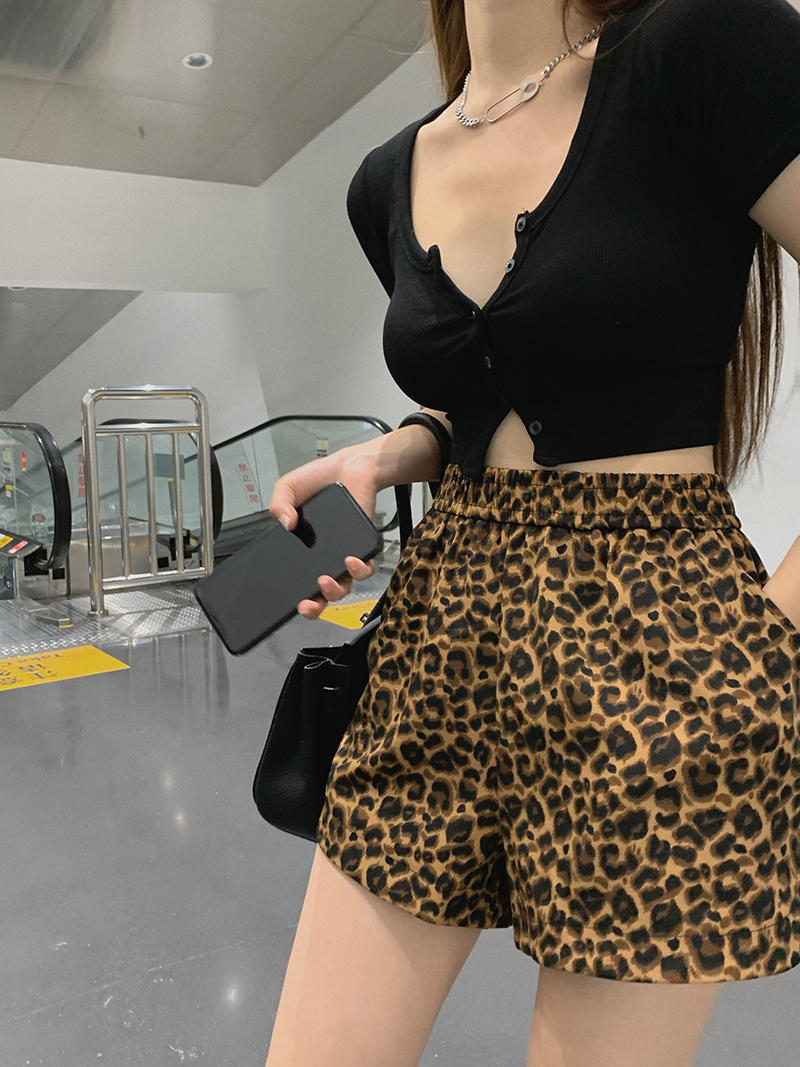 Spicegirl high waist Casual navel short sleeve leopard shorts