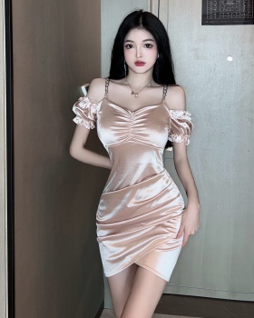 Sexy silky sling package hip tight satin strapless dress