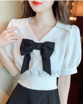 Puff sleeve France style slim tops bow short shirt for women
