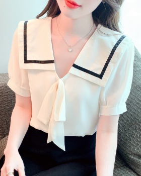 Puff sleeve tops navy collar small shirt for women