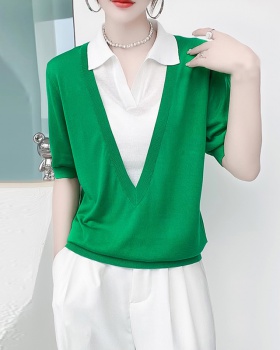 Ice silk lapel tops pullover mixed colors sweater for women