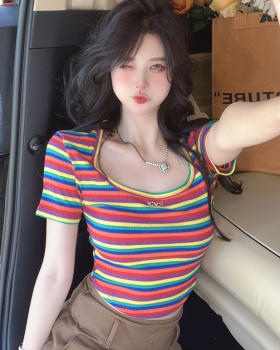 Stripe spicegirl U-neck short sleeve rainbow tops