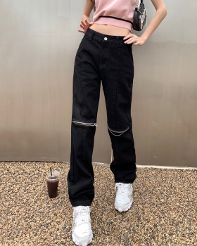 Black summer jeans zip holes long pants for women