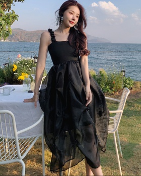 Gauze seaside summer strap dress fold black splice dress