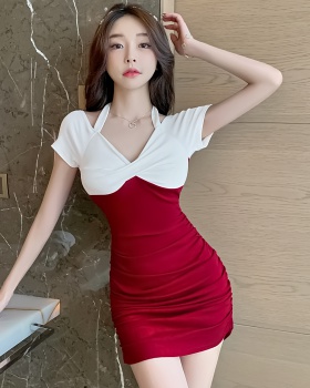 Sexy tight pure cotton package hip mixed colors dress