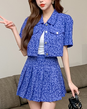 Double-breasted tops pinched waist short skirt 2pcs set