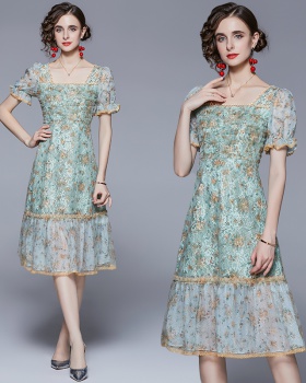 Pearl lace France style summer printing dress