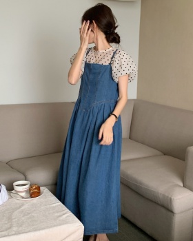 Detachable polka dot strap dress Korean style shirt a set