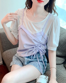 Short drawstring shirt chiffon purple tops for women