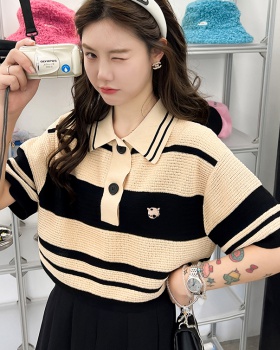 Knitted stripe thin T-shirt loose cozy sweater