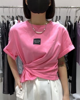 Short irregular tops pink high waist T-shirt for women