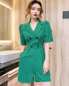 Lapel pinched waist shorts double-breasted jumpsuit