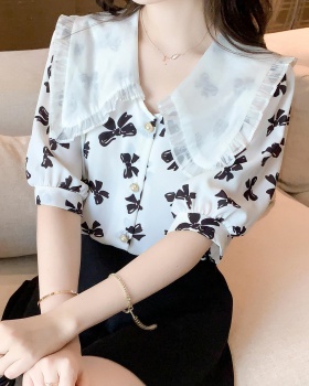Bow France style shirt bubble floral chiffon shirt for women