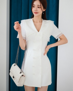 Slim square collar lace double-breasted summer dress for women
