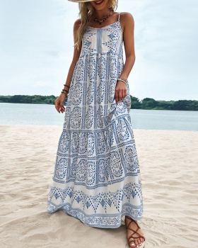 Summer loose sling high waist Bohemian style blue dress for women