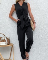 Pure summer European style black straight slim jumpsuit