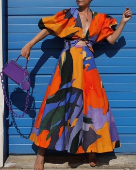 Mixed colors frenum V-neck fashion dress for women