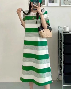Knitted stripe dress tiger embroidery T-shirt for women
