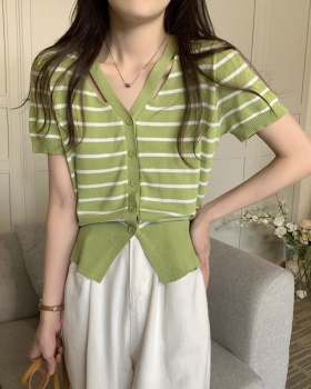 Short sleeve cardigan stripe tops for women