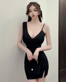 Sling fold sexy package hip V-neck tight dress for women