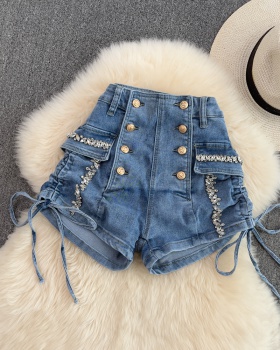 Double-breasted wide leg slim jeans high waist drawstring shorts