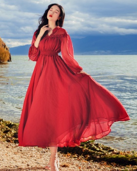 Red retro vacation dress chiffon long long dress