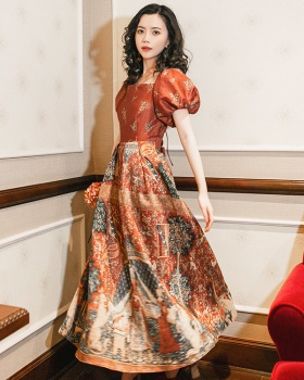 Court style slim red retro pinched waist printing dress