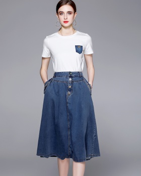 Summer white T-shirt denim skirt 2pcs set