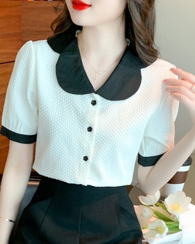 Doll collar apricot short sleeve summer shirt for women