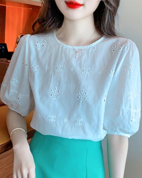 Embroidery short sleeve shirt summer round neck tops