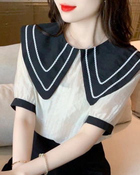 Splice loose small shirt doll collar Cover belly shirt for women