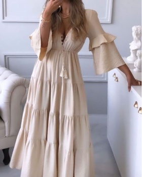 Pure spring and summer long dress European style V-neck dress