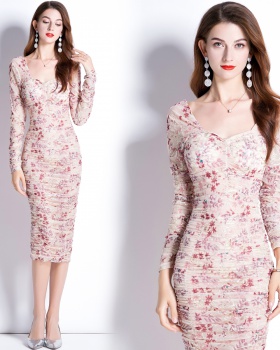 Embroidery long sleeve slim France style shirring dress