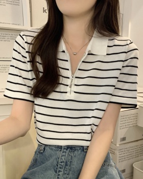 Zip knitted retro stripe Korean style short sleeve tops