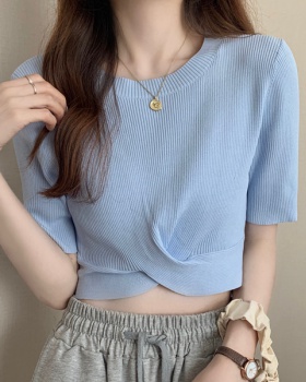 Korean style knitted short sleeve all-match tops for women