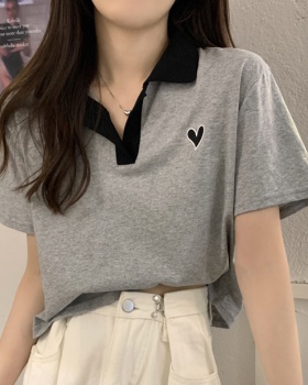 Korean style heart tops all-match embroidery T-shirt