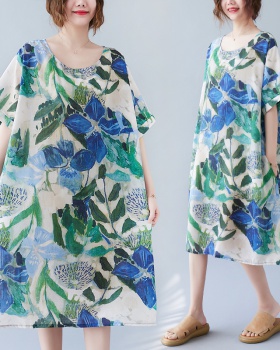 Fresh cotton linen blue-green art fat printing dress