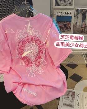 Creative summer round neck pink printing pure cotton T-shirt