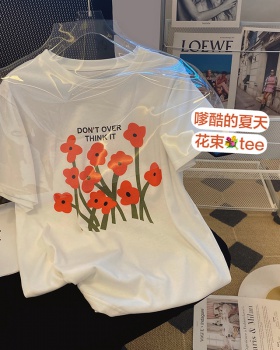 Summer art pure cotton painting flowers T-shirt for women
