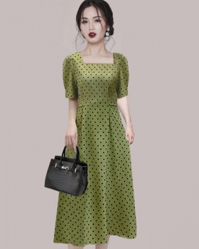 Temperament polka dot square collar green France style dress