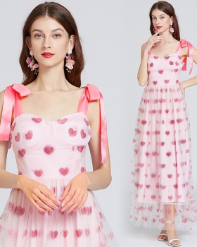 High waist pink gauze strap dress bow frenum heart dress