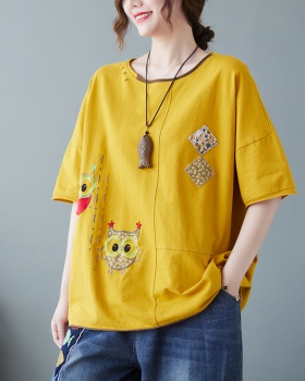 Cartoon embroidery art tops patch loose summer T-shirt for women