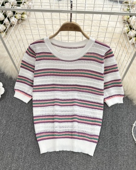 Round neck ice silk knitted tops all-match short T-shirt